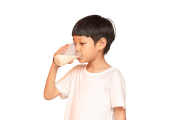 Asian pretty boy drinking the milk isolated on white background.