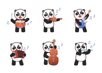Set of cute panda characters playing on various music instruments. Kawaii panda with drums, violin, guitar, accordion, double bass, flute. Vector illustration