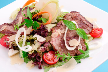 Warm salad with veal, tomatoes, cheese, lettuce, onion on a white plate. close-up