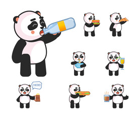 Panda mascot eat fast food and drink various drinks set. Cute panda eating hamburger, pizza, sandwich, drinking tea, coffee, juice and showing other actions. Vector illustration bundle