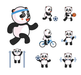 Panda mascot doing various sports set. Cute panda running, playing football, basketball, riding bike and showing other actions. Vector illustration bundle