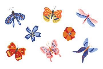 Spring flowers and butterflies. Collection of colorful exotic butterflies moths and dragonfly isolated on white background. Set of summer hand drawn flying insects
