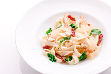 tagliatelle pasta with chicken, mushrooms and sun-dried tomatoes on a white plate on a withe background. close-up. photo for clipping. for the menu