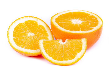 half an orange and a slice of orange on a white background