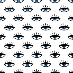 Decorative blue eye symbols vector seamless pattern background. Mystical, magical eyes concept.
