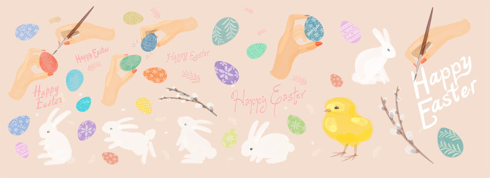 Easter cards, watercolor, vector. Set of vector illustrations for Easter holiday. Hands and brush, painting eggs for the Easter holiday. Little rabbits and eggs in the background. Yellow chicken.