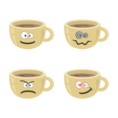 Coffee cups set on white isolated background. Espresso. Coffee icons. Funny cups with emotions.. Vector.