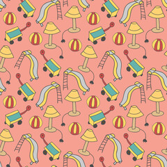 pattern seamless kids with outdoor doodle element. Seamless childish pattern with hand drawn houses and abstract elements. Cute kids city texture. 