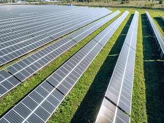 Solar panels at bird's eye view. Huge amount of solar panels to create clean energy. Energy concept