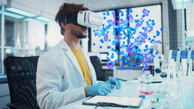 Futuristic Medical Science Research Laboratory: Bioengineer Wearing Virtual Reality Headset, Does Augmented Reality Research Using Smart Gestures. Virus DNA Biotechnology Research in Progress.