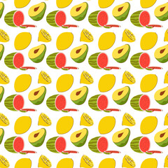 fruit pattern with coloring doodle watermelon, avocado, lemon. Vector Seamless Pattern of Fruits illustration