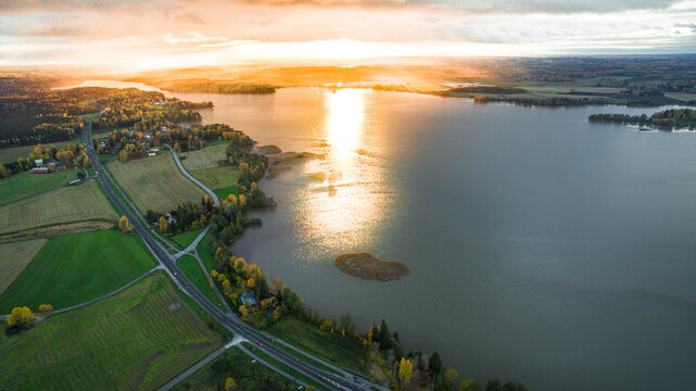 Aerial shot of a pond in Moravsky Pisek, Czech Republic at sunset