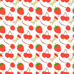 seamless pattern with fruit cherry, strawberry, apple. Hand drawn cherry isolated on white background. 