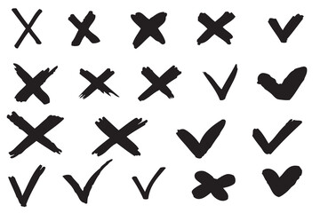 Set hand drawn black checkmark and cross appears. Illustration isolated on white background.
