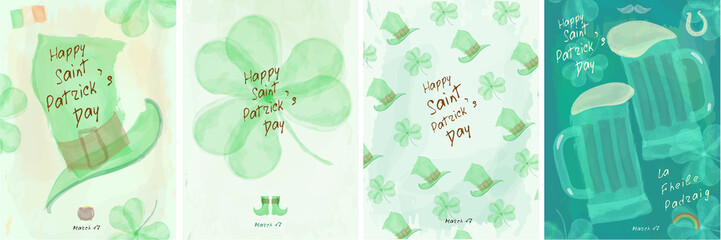 St. Patrick's Day. Vector watercolor posters. Set of vector illustrations. Hat, clover , beer mugs for st. Patrick's Day.