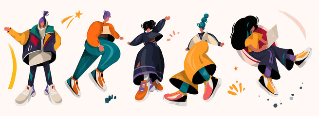 Set of illustrations with abstract people. Lifestyle, street fashion - young woman, man.
 Sport  abstract characters, design shape. 