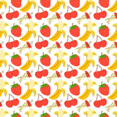 Seamless pattern of bright textured fruit on a white background. Seamless cute pattern with color hand drawn fruits