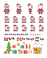 Panda bear in Santa Claus outift creation set, various Christmas design elements. Vector illustration bundle