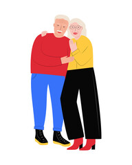 An elderly married couple on a white background. A white-haired man and a woman. Hugging grandparents. Vector flat illustration