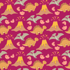 Seamless pattern with dinosaurs, palms and volcanoes Vector Illustration