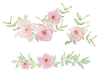 Watercolor illustration corners of pastel pink flowers and green leaves drawn by hand in a botanical way on a white background.