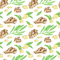 Watercolor ginger root seamless pattern with slices and leaves. Hand drawn ginger rhizome isolated on white background. Spicy ingredient, traditional medicinal herb painting for menu, package design