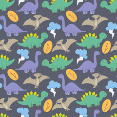 cute dinosaurs pattern design vector. Dinosaurs Cute kids pattern for girls and boys, Colorful Cartoon Animals on the abstract Creative seamless background, Artistic Backdrop for textile and fabric.