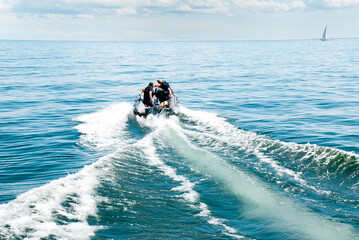 Motorboat on open blue sea