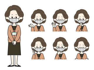 マスクをしている女性職員の表情セット