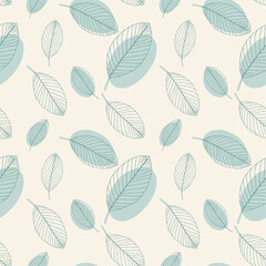 Vector seamless pattern. Stylish floral background with hand drawn blue leaves. Texture in pastel colors.