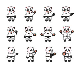 Karate panda mascots showing various hand gestures set. Karate panda greeting, pointing, showing thumb up, stop hand and other gestures. Vector illustration bundle