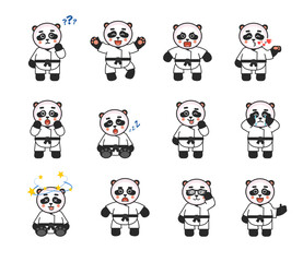 Set of karate panda mascots showing various emotions. Karate panda thinking, celebrating, angry, in love, surprised, sleeping and showing other expressions. Vector illustration bundle