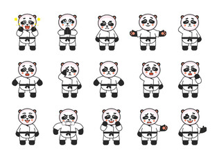 Set of karate panda mascots showing various emotions. Karate panda amazed, begging, sad, thinking, anxious, funny and showing other expressions. Vector illustration bundle