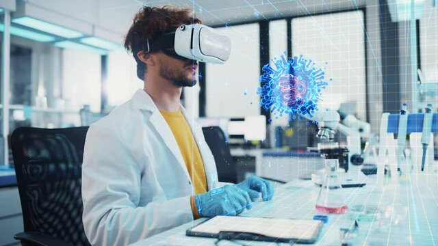 Futuristic Medical Science Research Laboratory: Bioengineer Wearing Virtual Reality Headset, Does Augmented Reality Research Using Smart Gestures. Virus Molecule Biotechnology Research in Progress.