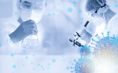 Image LAB  of Coronavirus covid-19 sample test with microscope by biochemical  and  blood sample...