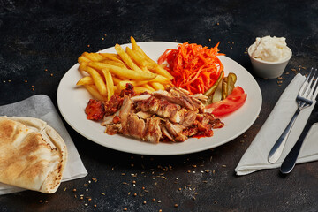 Tasty shawarma with fried potato on dark background
