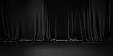 Black product background room on dark curtain scene display with luxury fabric backdrops. 3D rendering.