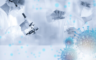 Image LAB  of Coronavirus covid-19 sample test with microscope by biochemical  and  blood sample test in research laboratory for vaccine  to protect coronavirus covid-19 spreading, light tone.