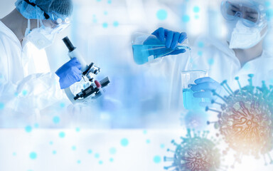 Image LAB  of Coronavirus covid-19 sample test with microscope by biochemical  and  blood sample test in pharmaceutical research laboratory for vaccine  to protect coronavirus covid-19 spreading.