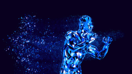 3D rendering of virtual boxer practicing punches close to camera. Blue energy and particles around him.
