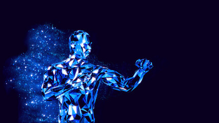 3D rendering of virtual boxer practicing punches close to camera. Blue energy and particles around him.

