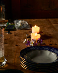 picturesque and painterly table scene in an austrian old mountain hut in the alps