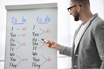 English teacher near whiteboard in class at lesson, closeup