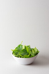 Healthy vegetable greens in a bowl on a gray background, green spinach leaves close up