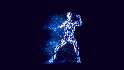 3D rendering of virtual boxer practicing punches close to camera. Blue energy and particles around him.
