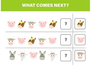 What comes next with cute farm animals. Cartoon vector illustration. Logical worksheet for kids.