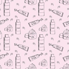 
Seamless pattern with skin care cosmetic products. Cream, toner, mask - design elements for beauty. Vector monochrome hand-drawn illustration. Doodle style