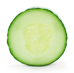 Cucumber slice close up isolated on white background.