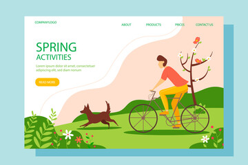 Naklejka premium Man riding a bike with a dog in the park. The concept of an active lifestyle, outdoor activities. Vector spring illustration in a flat style.