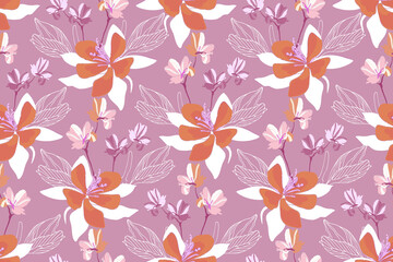 Art floral vector seamless pattern. Vector flowers isolated on a purple background. Tile pattern for wallpaper design, fabric, interior textile, card, template, banner, digital paper.